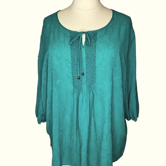 Maggie Barnes Plus Size Woman's Blouse Size 4X Green Beaded Embroidered - Picture 1 of 11